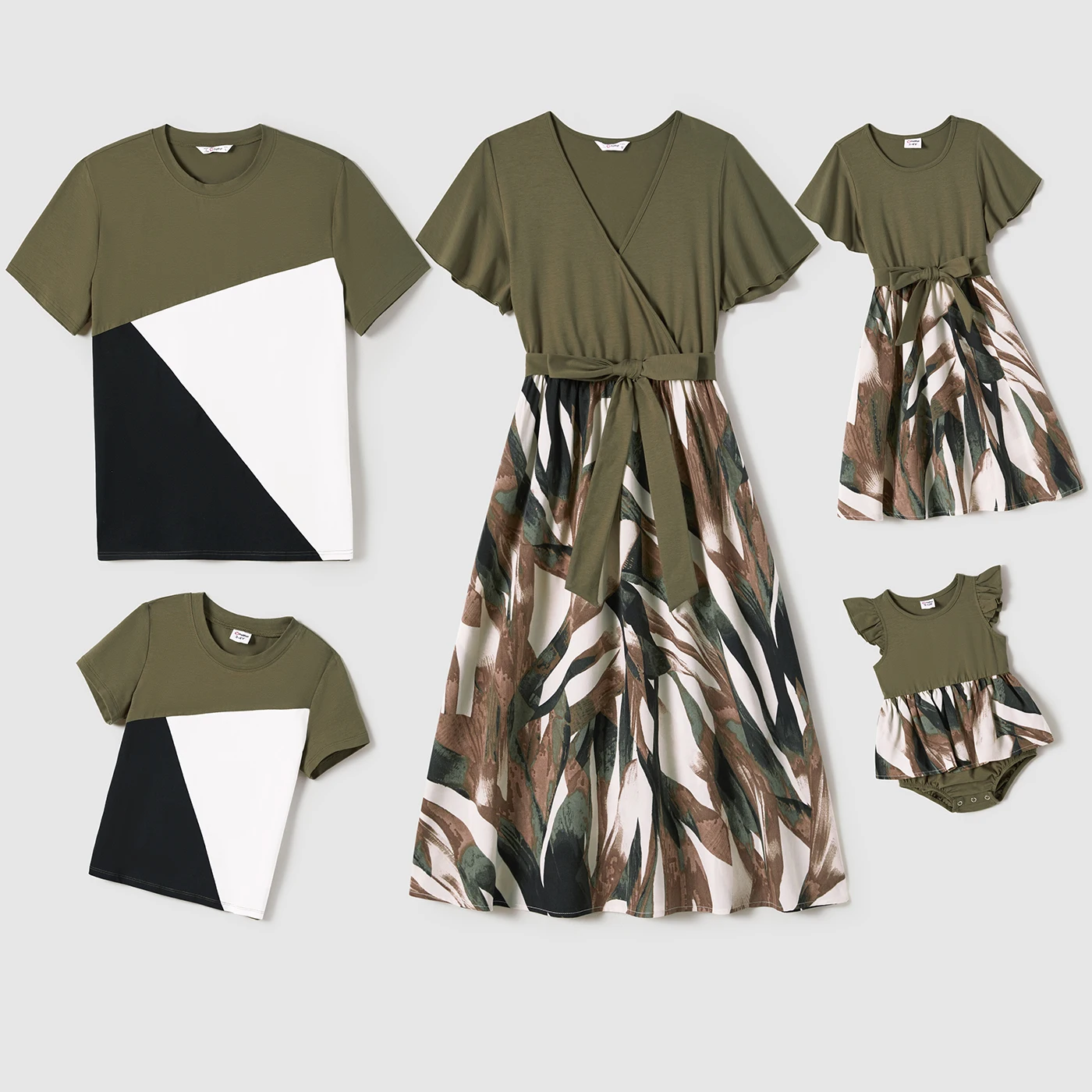 

PatPat Family Matching Floral Print Belted dresses and Short-Sleeved Color-Block Tops Sets