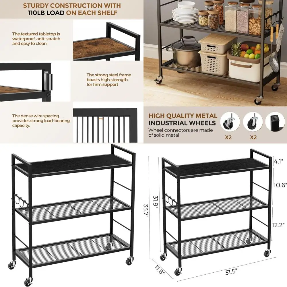 رف تخزين شبكي صناعي من 3 طبقات مع عجلات وطبقة خشبية، أرفف قابلة للتعديل، عريض 31.5، للمطبخ، والغسيل، والمخزن، Pla #1
