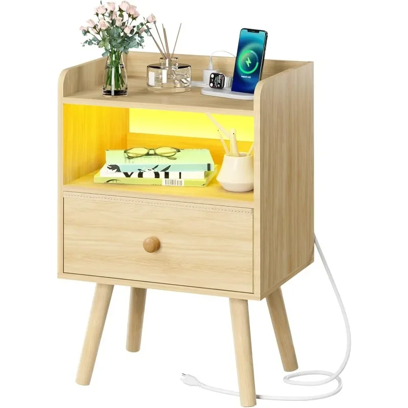 Nightstand with Charging Station, Modern Night Stand with LED Lights, Wood Nightstands with Fabric Drawer & Storage Shelf