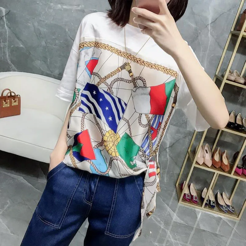 Design Casual Short Sleeve Blouses Korean Top News 2023 Korean Fashion Lacing Temperament Streetwear Printing Women\'s Clothing