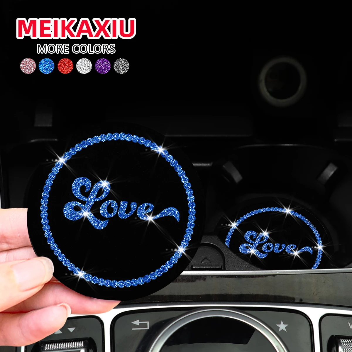2 LOVE Glitter Blingbling fabric waterproof car coasters pair of decorative non-slip MATS for car interiors all-season