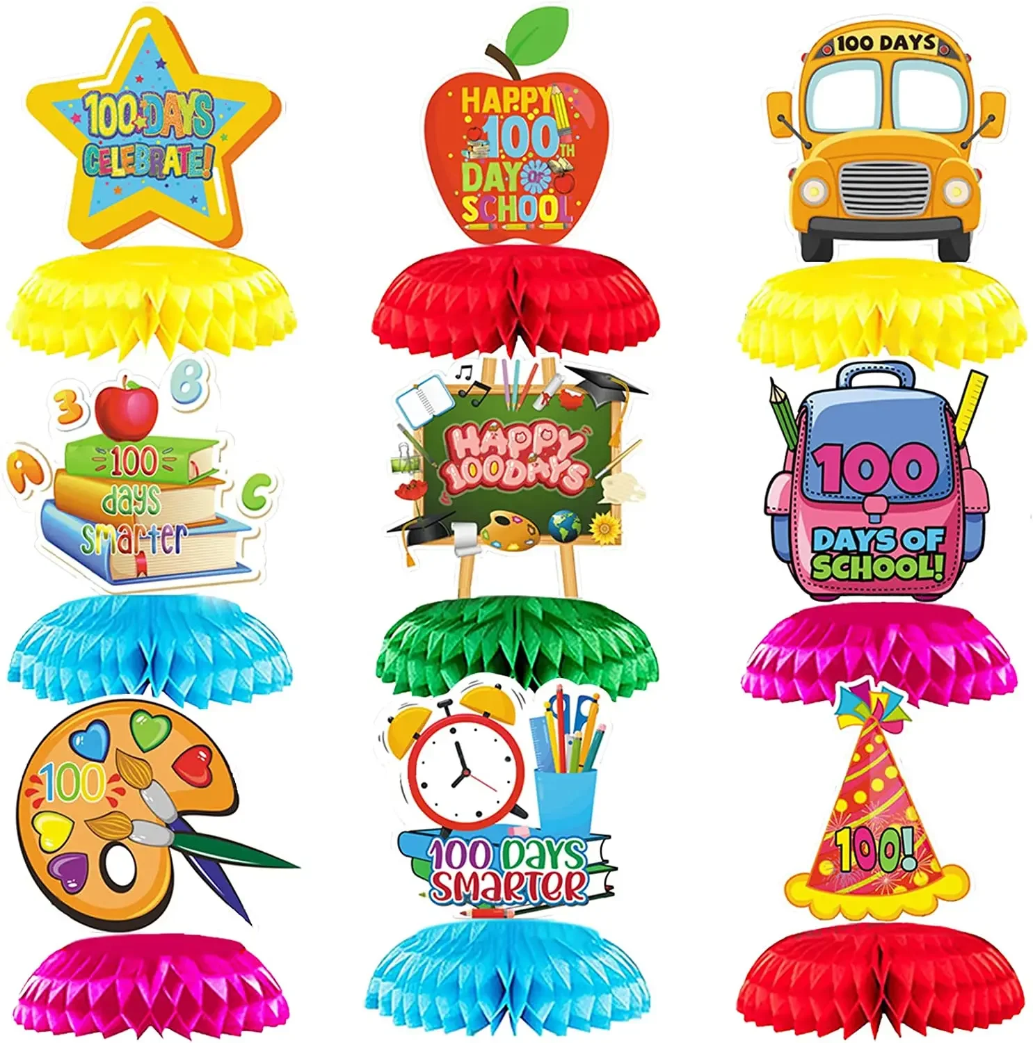 Cheereveal 9 Pcs 100 Days of School Honeycomb Centerpieces School Classroom Table Decorations Kindergarten Party Decor Supplies