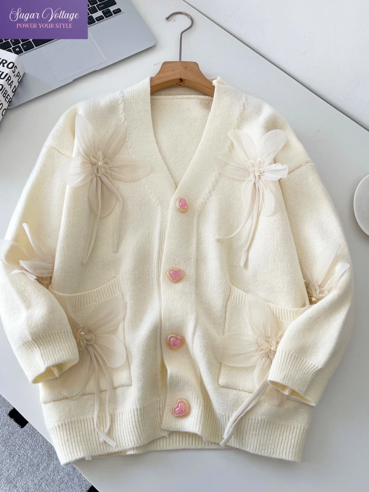 

French Sweet Elegant Knit Cardigan Women V-Neck Pearl Embellished 3D Floral Bow Detail Soft Loose Long-Sleeve Sweater Jacket