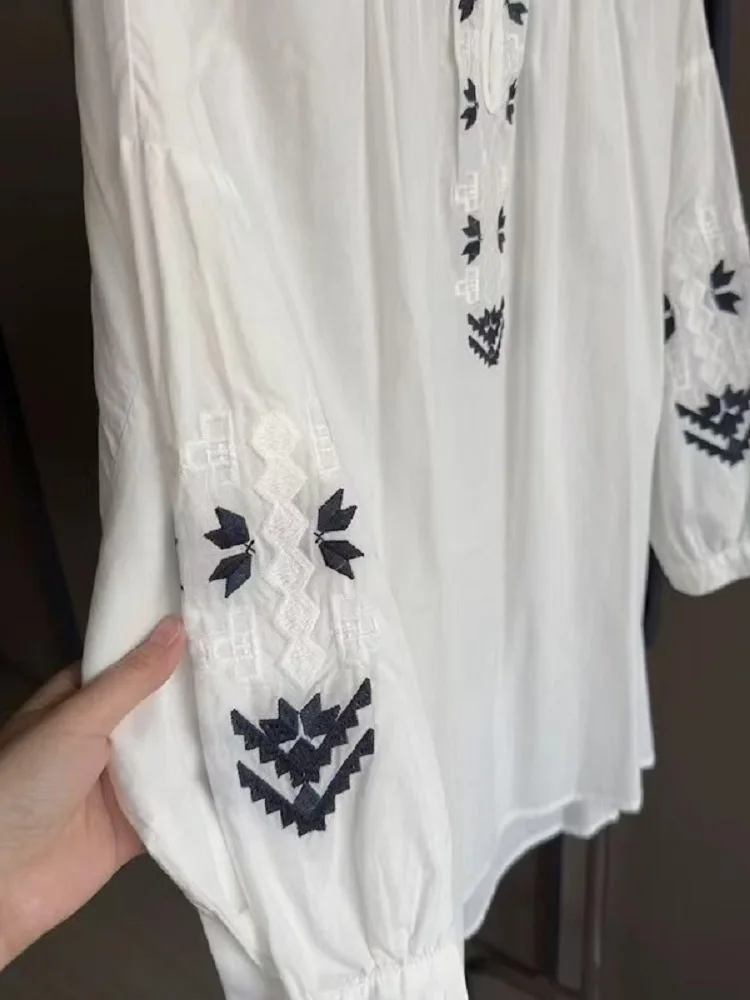 

Vintage Embroidered Shirts & Blouses Woman 2025 Summer Round Neck 3/4 Puff Sleeve Cotton Linen Blusas Mujer Casual Chemise Femme