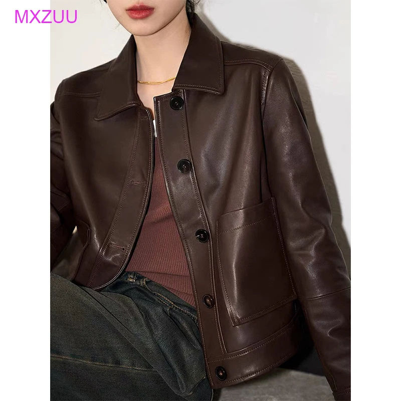 

Куртка из натуральной овчины для женщин, с отложным воротником, однобортная, кофейного/черного цвета, классическая, модная, повседневная, городская верхняя одежда с карманами