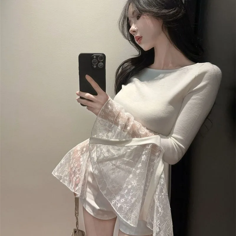 

2025 новый осенний дизайн, кружевной топ с длинными рукавами, тонкий нерегулярный тонкий топ с длинными рукавами для девочек