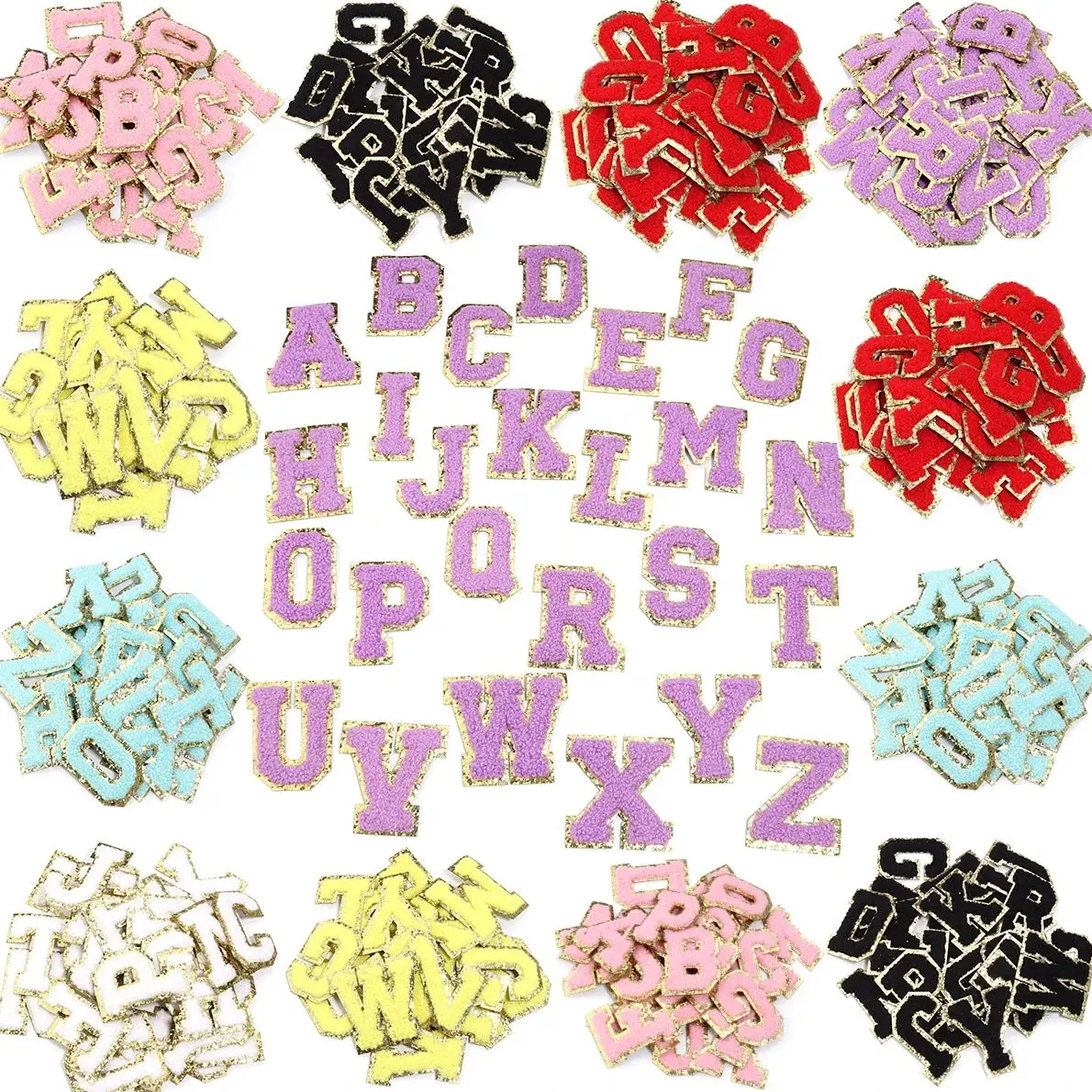 26Pcs 6cm 26 Letters Chenille Embroidered Patch Fabric Set With Gold Edged For DIY Towel Clothing Self-adhesive Fabric Accessori