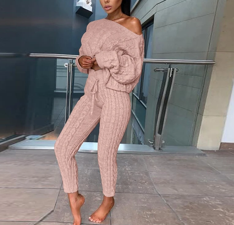 Women Two Piece Set Knitted Sweater Winter Casual Street Trendy Solid Color Round Neck Woolen Long Sleeve Sweater and Pants Set