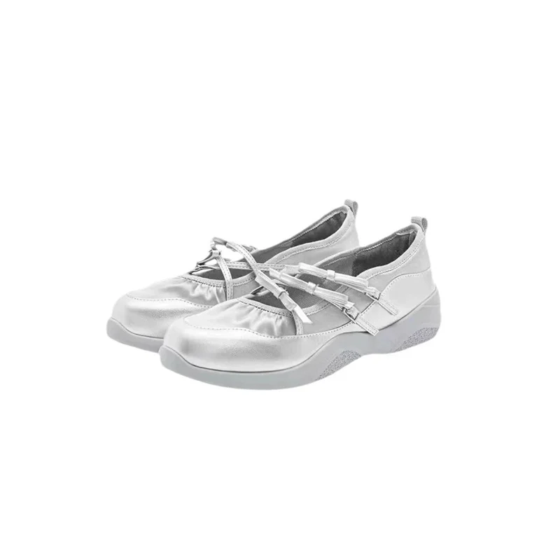 Silver Mary Jane Shoes for Women Sneakers Fashion Elegant Bow Cross Belt Buckle Casual  Soft Leather Platform Ballet Shoe