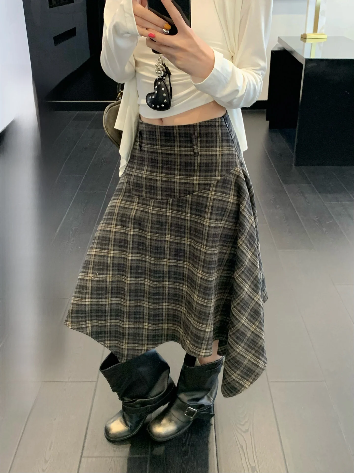 

iny Irregular Plaid Midi High Waist A-Line Skirt Women's Spring Faion Slimming Skirts Polyester Cotton Polyester Elastic ...