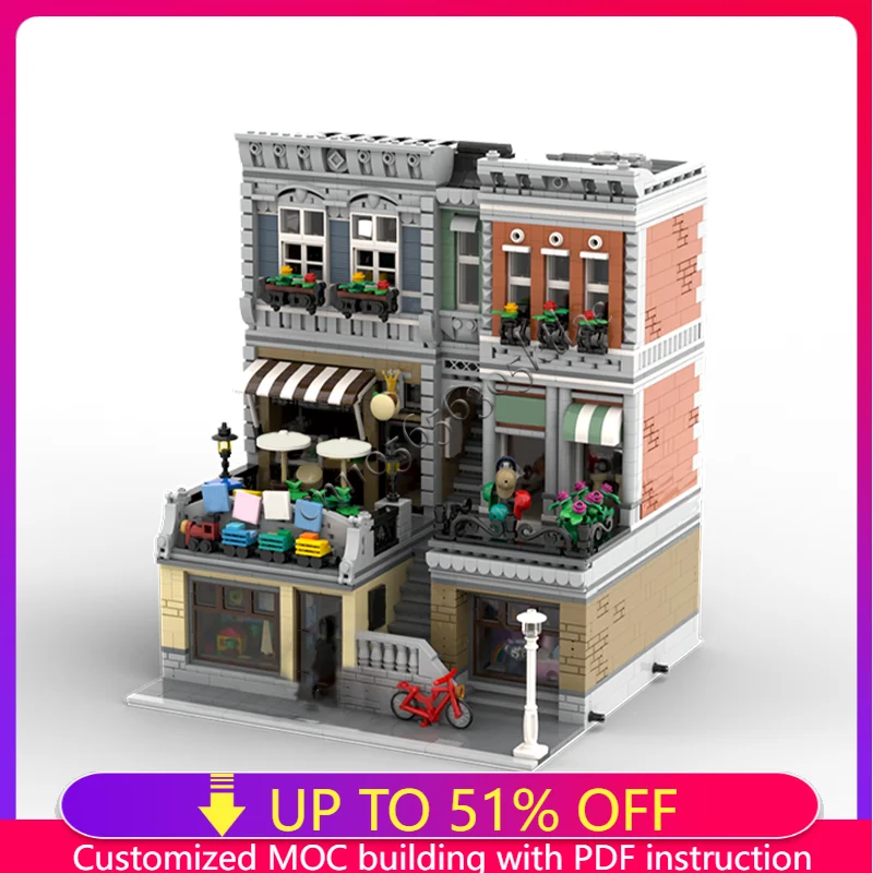 

4418 детали MOC, городской вид на улицу, набор строительных блоков, игрушки, магазин шляп, модель архитектурной сцены, кирпичи, детская сборка, подарки на день рождения