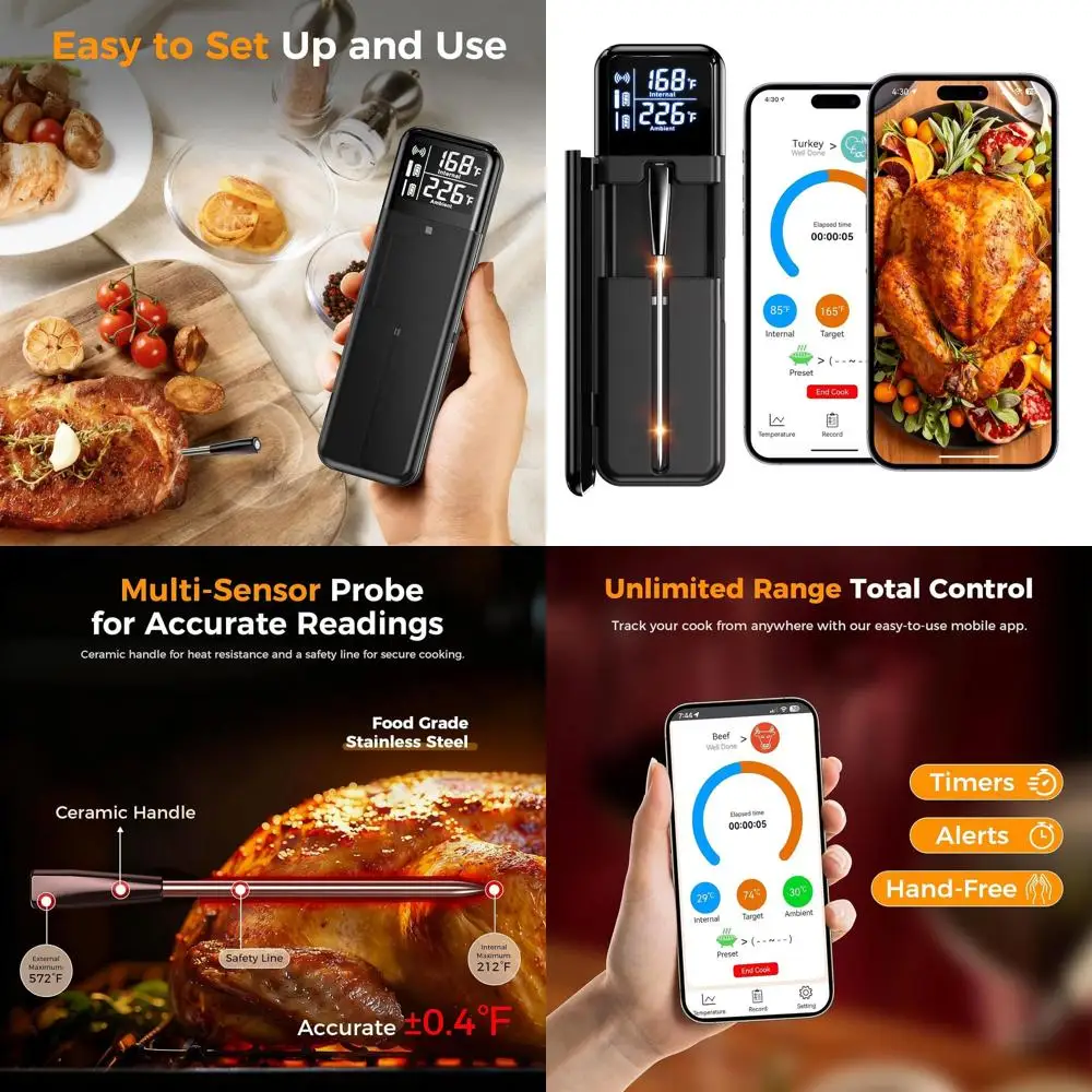 

Wireless Digital Meat Thermometer with Dual Probes, High Accuracy, App Control for Kitchen, BBQ, and Oven Cooking
