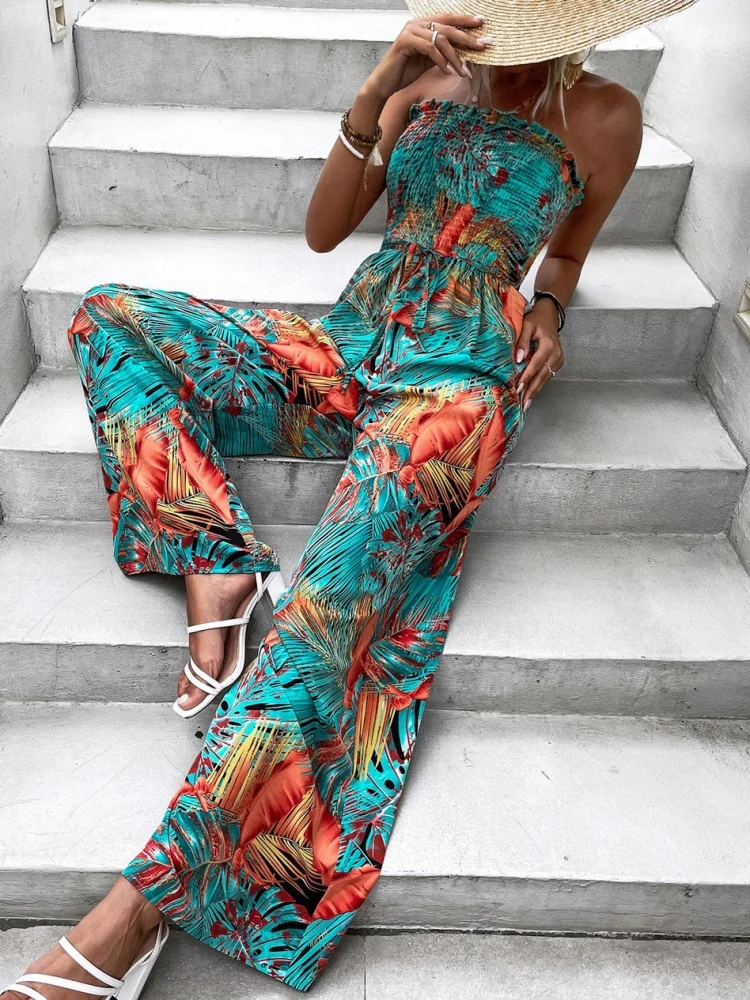 

Summer Women jumpsuits Fashion Elegant Long Pant Print Sleeveless Casual Bodysuit Loose