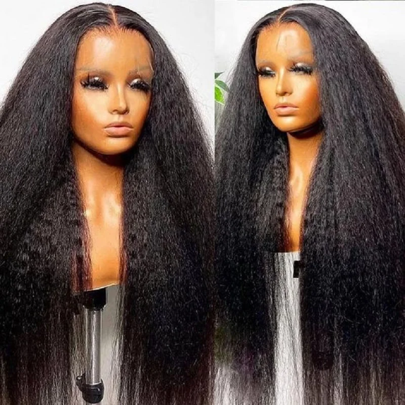 

Soft 26inch Long Yaki Nature Black Kinky Straight 180Density Lace Front Wig For Black Women BabyHair Glueless Preplucked