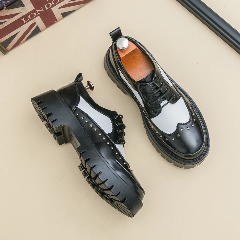 

Men's thick soled leather shoes Fashion retro autumn and winter styles Dress up party 38-46 Color blocked outdoor street shoes