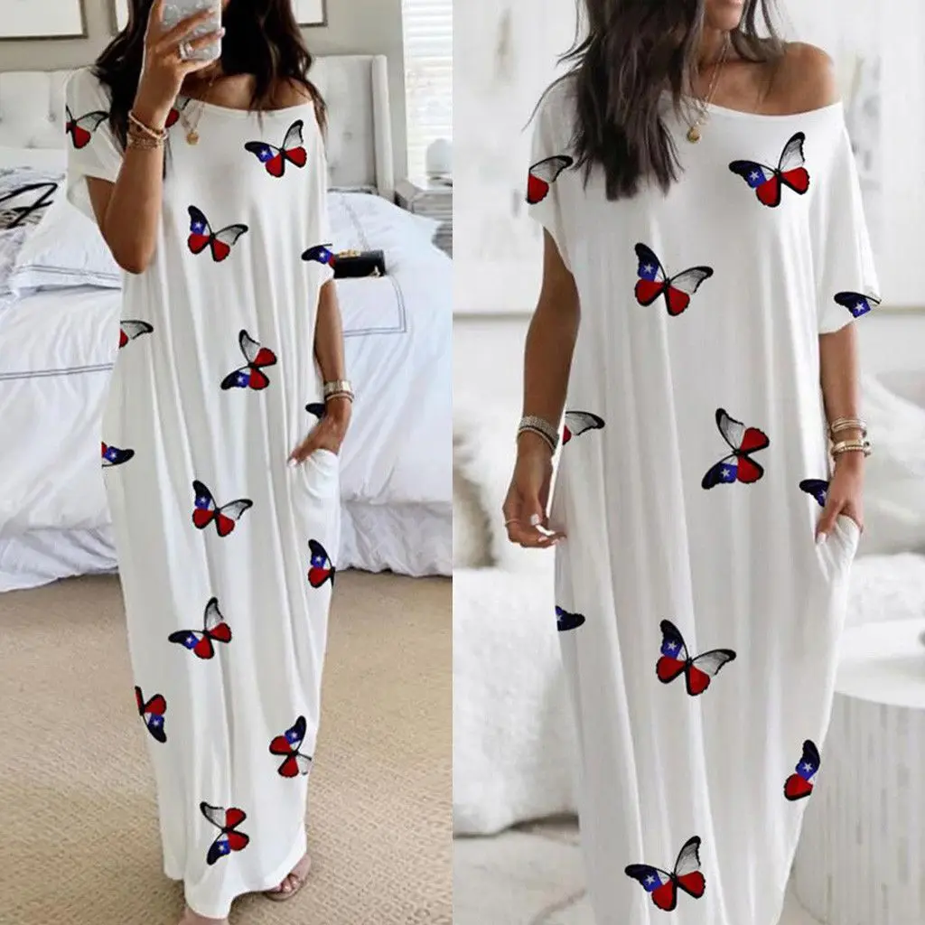 

Women's butterfly print short sleeved long solid color dress for home wear