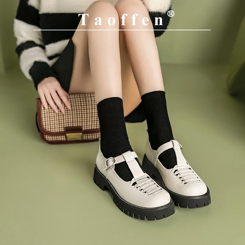 

Taoffen Casual Loafers Women Genuine Leather Solid Draid Square Heel Metal Buckle Pumps Mature Round Toe Thick Sole Office Shoes