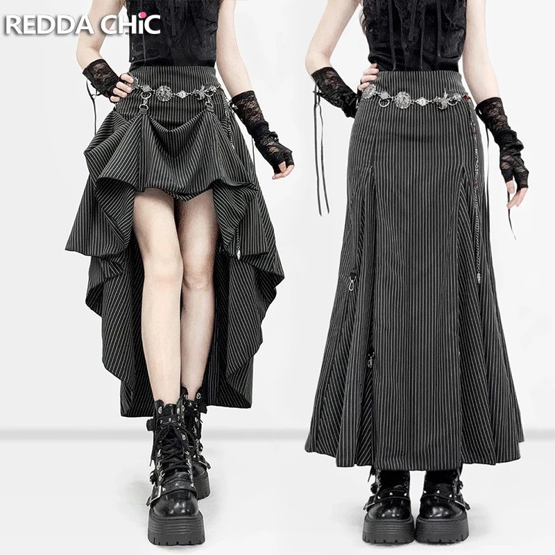 Image of REDDACHiC Schwarz Gestreifter Anzugrock Grunge Retro 3-Wege Fishtail High-Low Maxi Langer Schlepprock Gothic Damen Alternative Kleidung