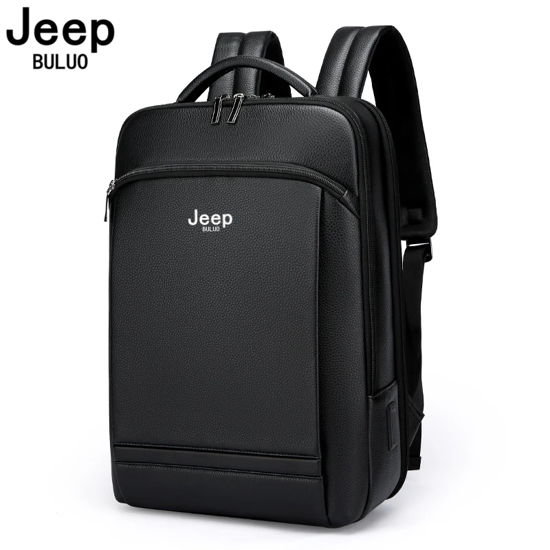 JEEP BULUO New Men's backpack genuine cow leather urban business office laptop backpacks multifunction black waterproof riding