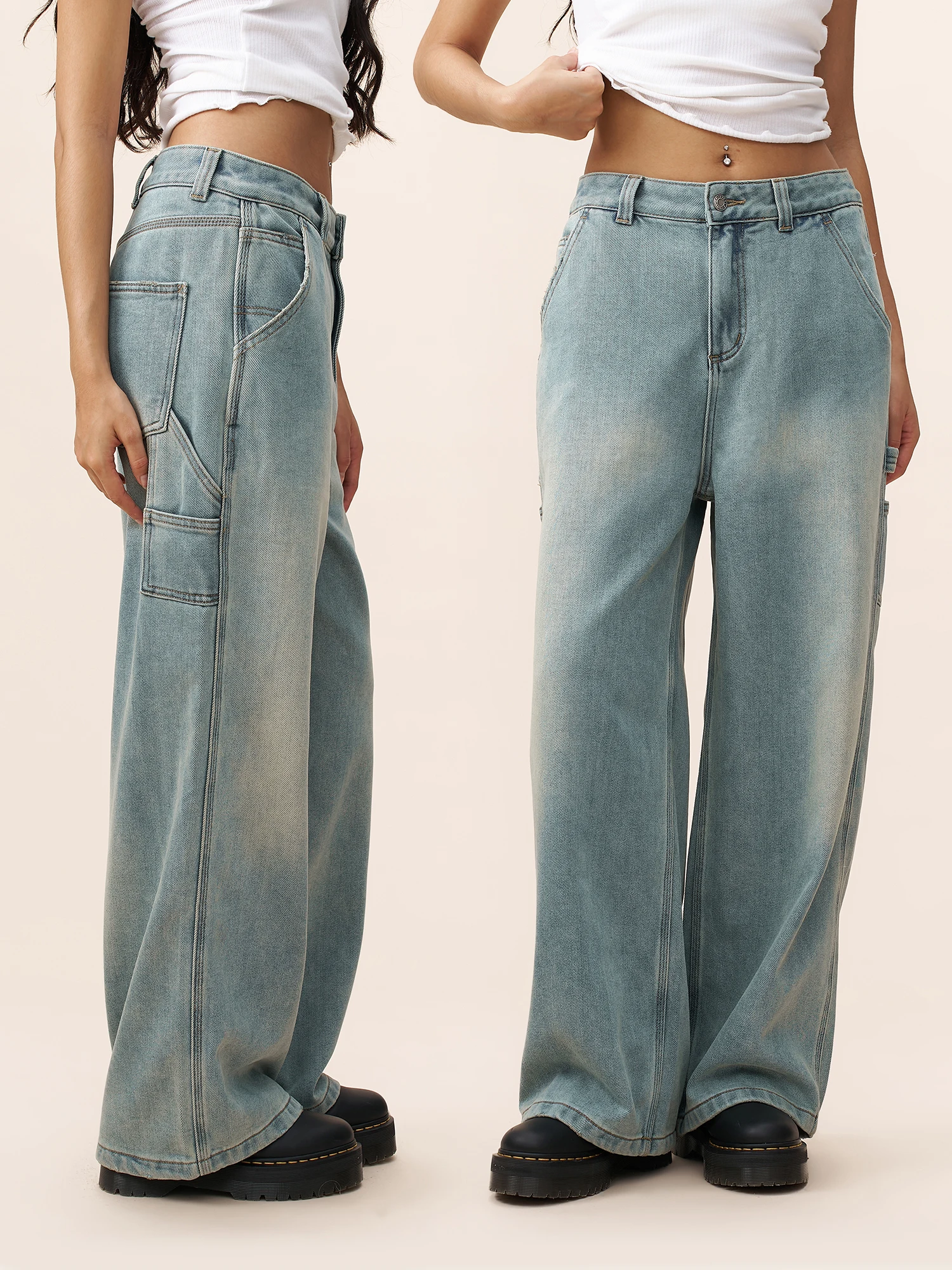 

Yescci Vintage Blue Straight Leg Jeans Women's Faded Autumn Winter Commute Loose Long Pants Casual Style Natural Waist Cotton