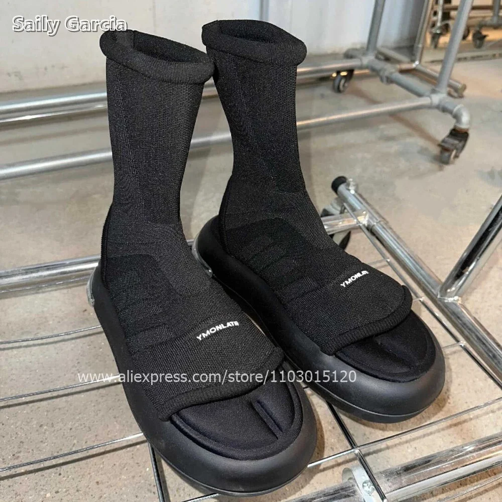 

Black Air Mesh Breathable Knitting Elastic Boots Summer New All-Match Casual Boots Open Toe Mid Calf Modren Sandal Boots