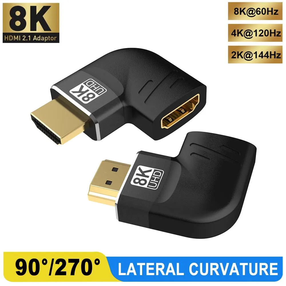 Adaptador hdmi2.1 macho a hembra 8K 60Hz 4K 120Hz convertidor de curva lateral de 90/270 grados 48Gbps para proyector de Monitor de escritorio portátil