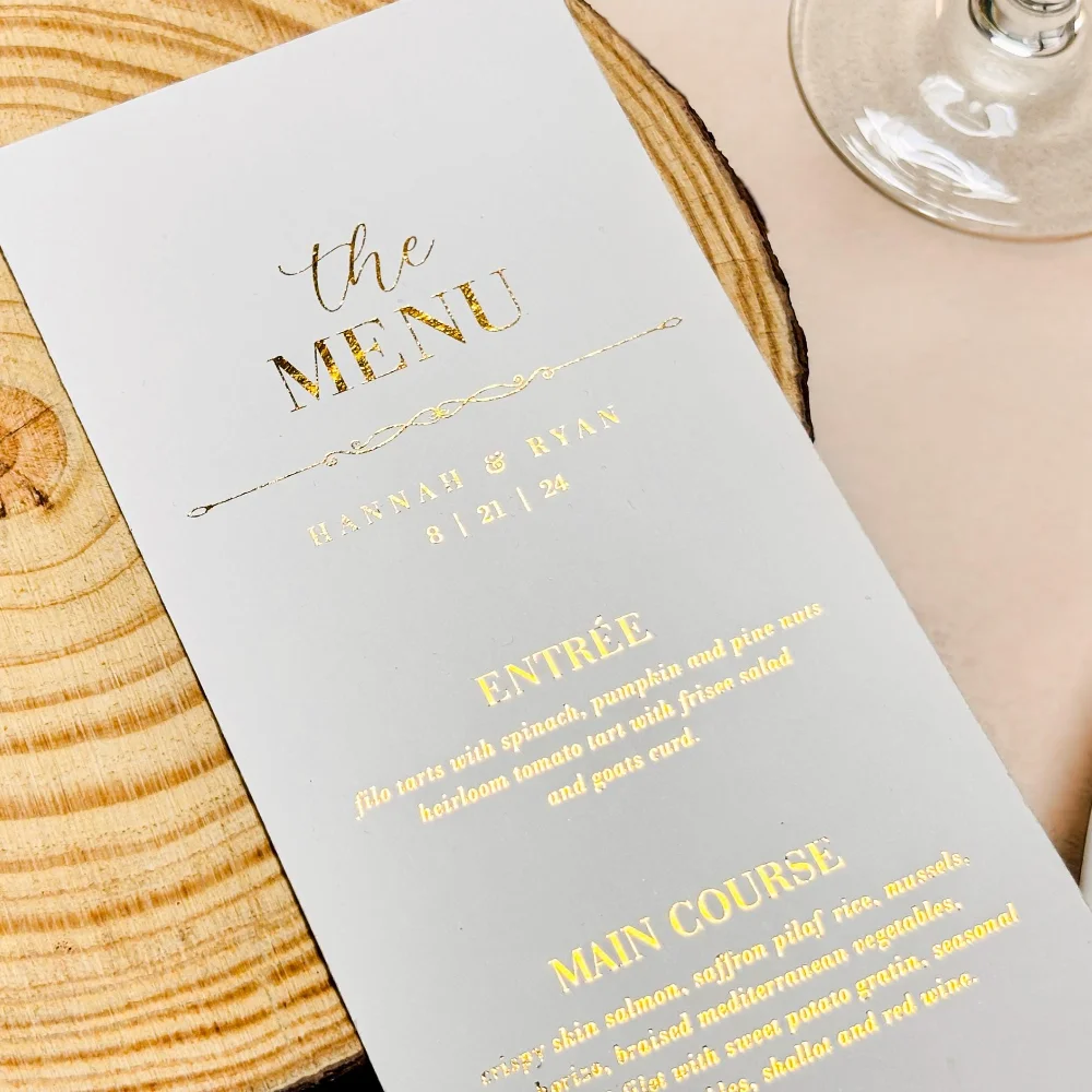 Menú de boda de lámina dorada, nombre personalizado de pareja, tarjeta de invitación de boda, tarjeta de mesa para invitados, menú de agradecimiento, decoración de fiesta de compromiso