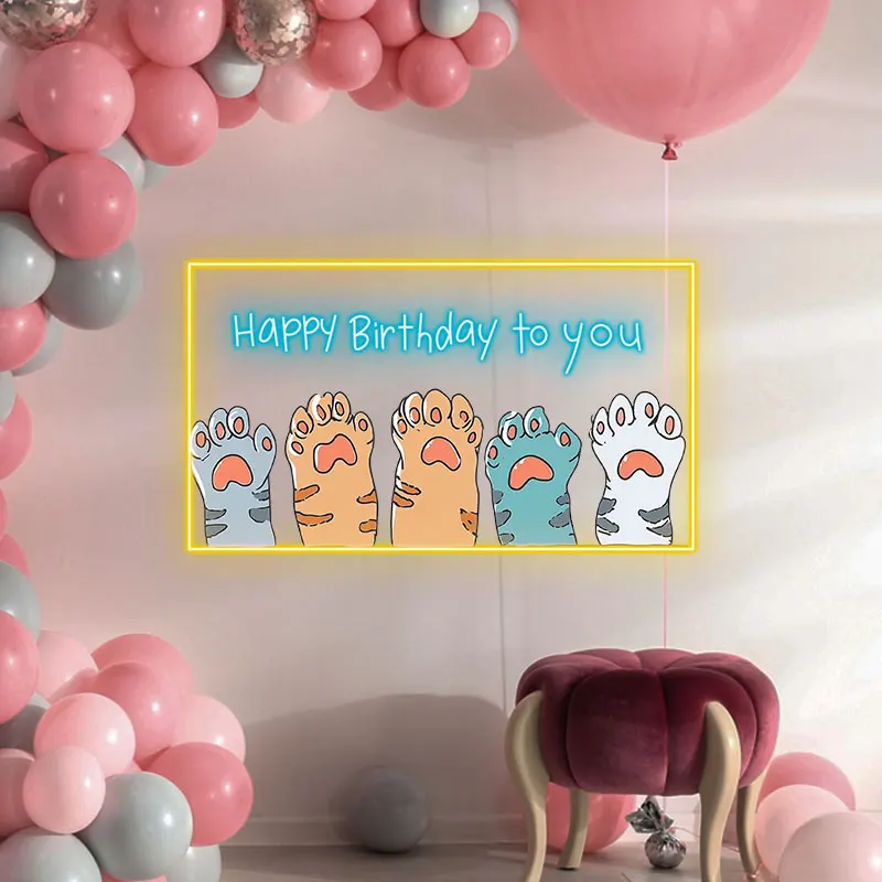 Happy Birthday Neon Light with Cute Cat Paws Design, Fun & Whimsical LED Sign for Birthday Party Decor, Perfect for Cat Lovers