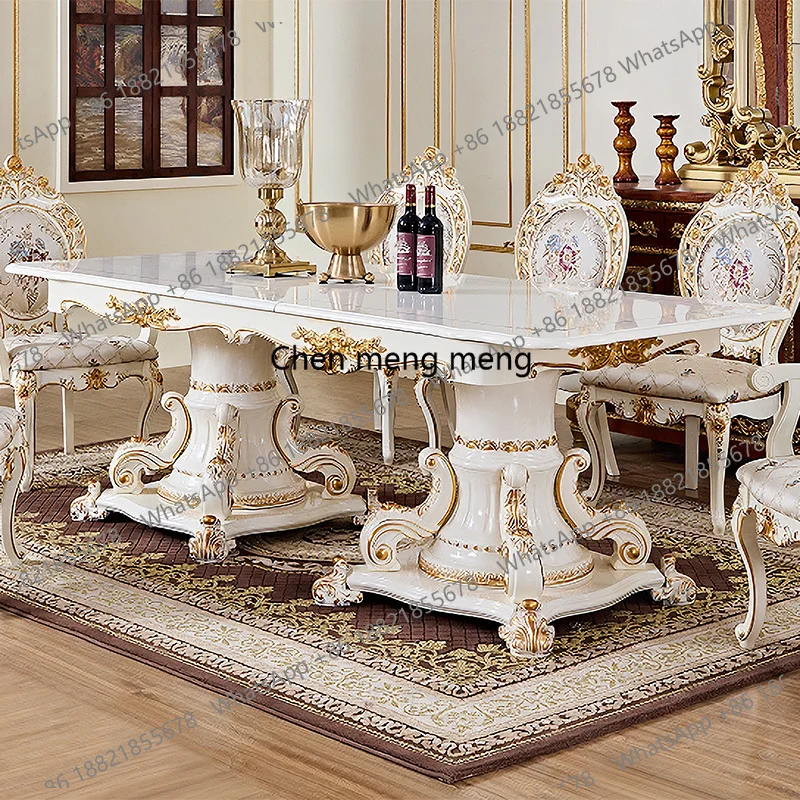 

French Royal Luxury White Wooden Dining Table Set 6 Seater Chairs Villa Furniture European Classic Large Wood Dining Room Sets
