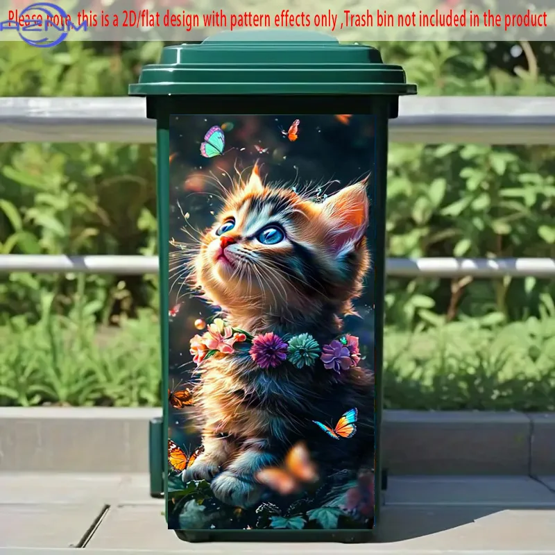 of Stickers Featuring a Kitten Surrounded by Butterflies And Flowers, Designed for Self-Adhesive Application on Dustbins. Thes