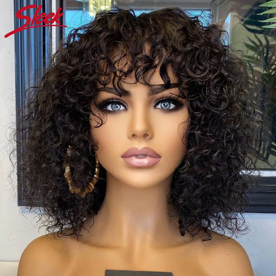 Peruvian Short Pixie Bob Cut Human Hair Wigs With Bangs Jerry Curly Non lace front Wig Highlight Honey Blonde Colored Wigs