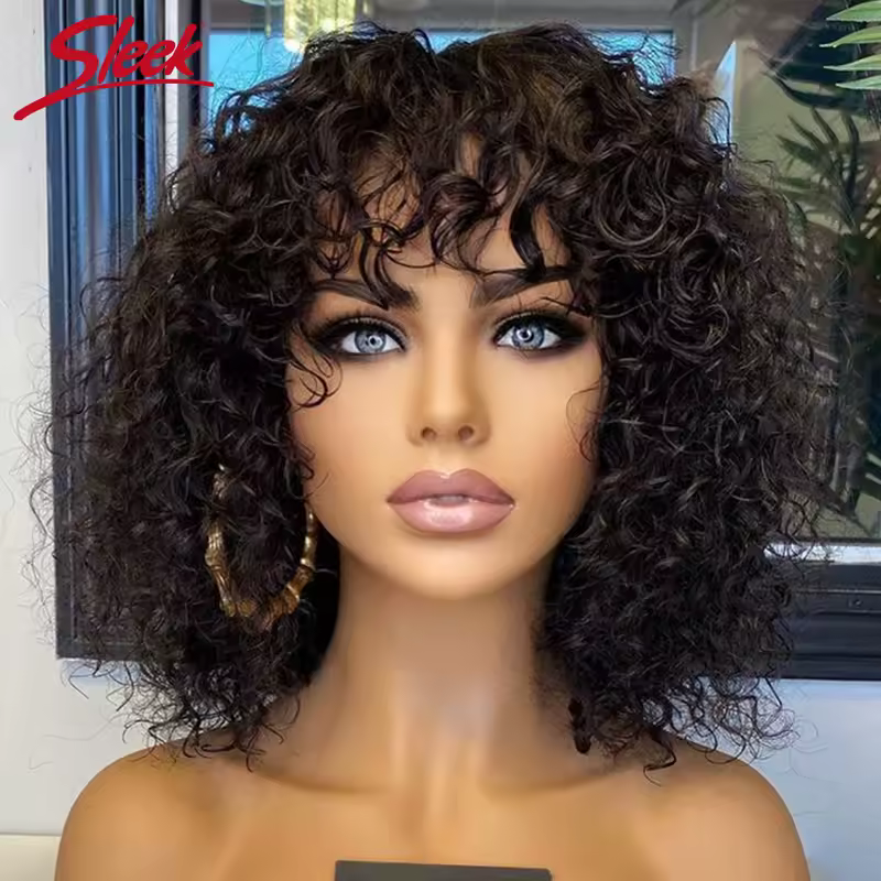 Peruvian Short Pixie Bob Cut Human Hair Wigs With Bangs Jerry Curly Non lace front Wig Highlight Honey Blonde Colored Wigs - Image 4