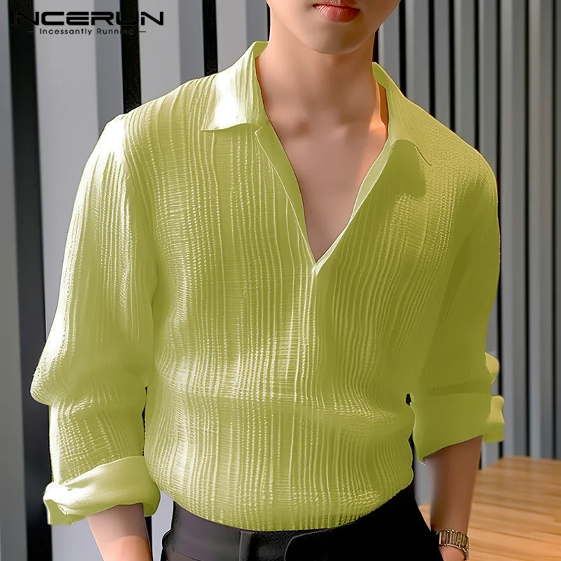 Men Shirt Lapel Long Sleeve Solid Color Korean Style Men Clothing Loose Streetwear 2024 See Through Casual Shirts S-5XL INCERUN