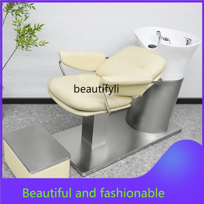 

zGSimple Barber Shop Half Lying Shampoo Chair Stainless Steel Flushing Bed Beauty Salon Ceramic Basin