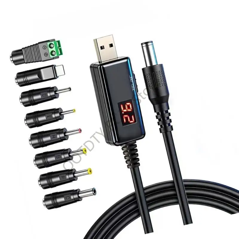 H7BA PVC USB to DC5.5mm 5V/9V/12V Stepping Up Converters Cable 8 Adapters for Camera Use