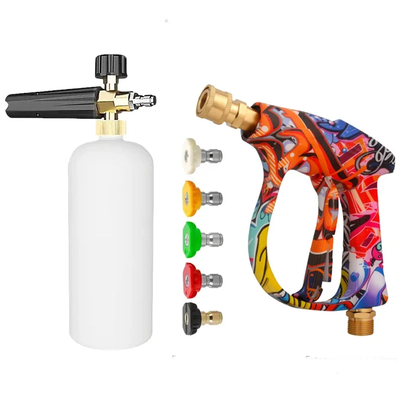 

Пистолет высокого давления 4350 фунтов на кв. дюйм с граффити-дизайном, пенная пушка 1 л и быстросъемный комплект сопел 1/4 дюйма