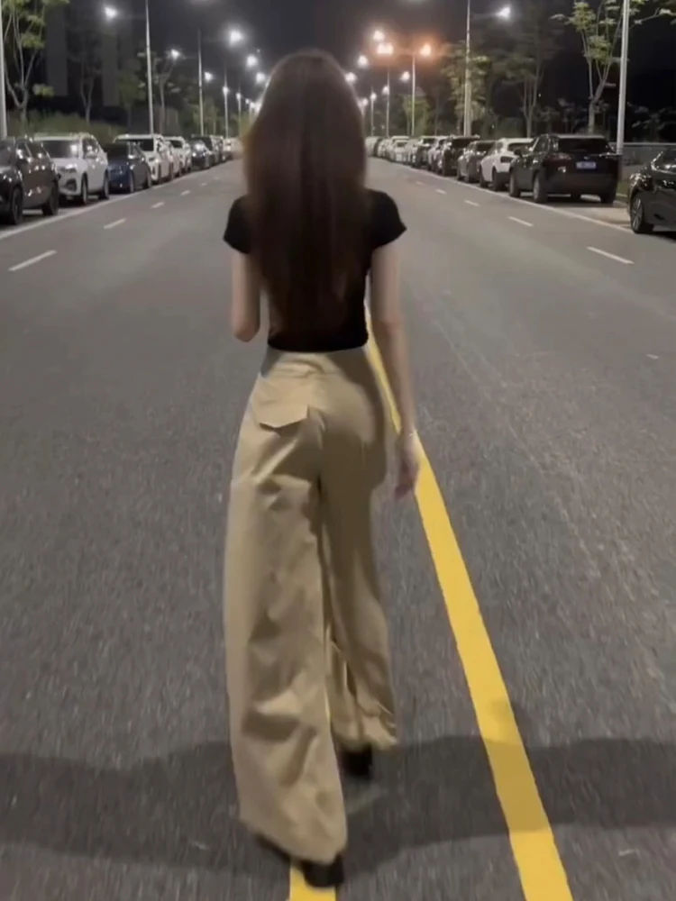 

Прямые брюки цвета хаки с высокой талией, широкие повседневные брюки, женские удлиненные осенние модные брюки больших размеров, универсальные брюки для похудения