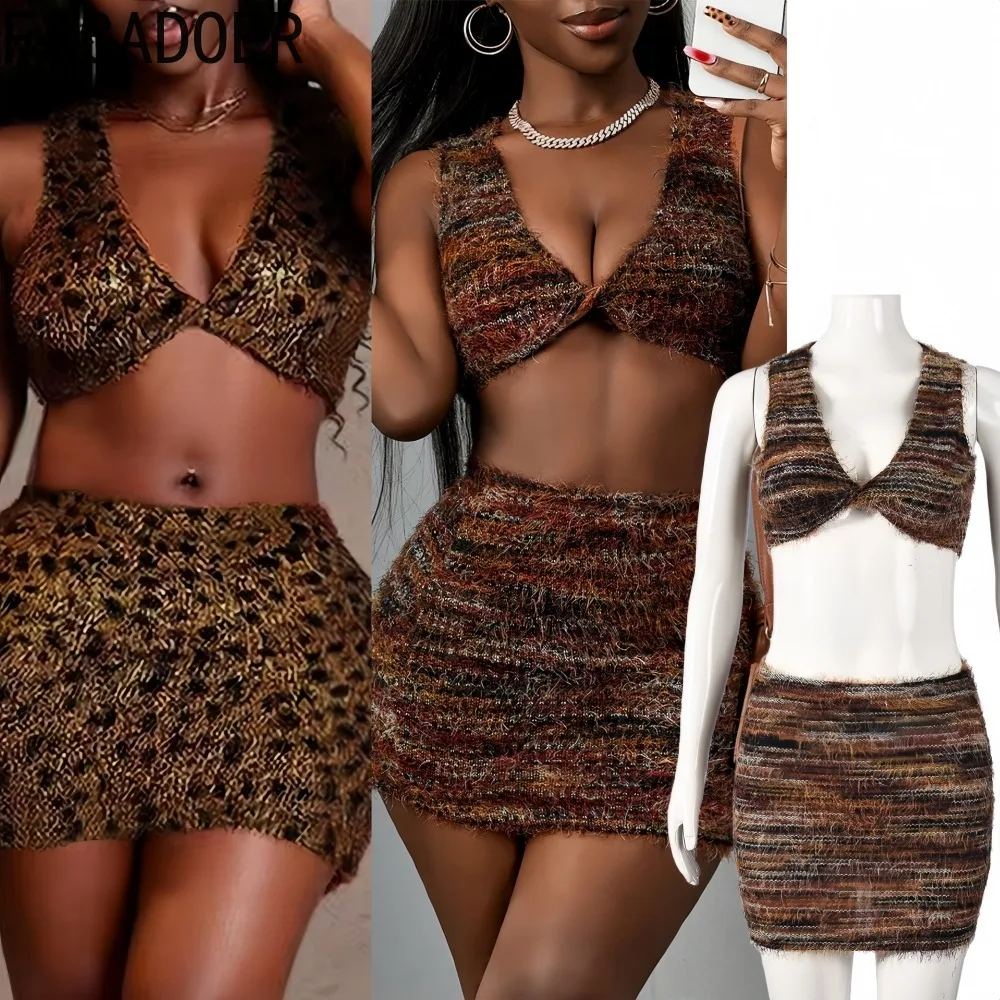

FAGADOER Fashion Knitting 2 Pieces Set for Woman Outfits Color Block Sleeveless Backless Vest + Skirt Female Streetwear Clothing