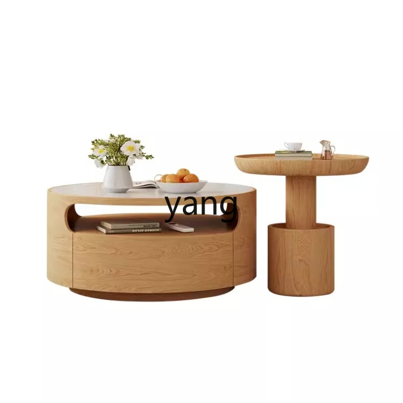 LMMsolid wood coffee table living room Japanese log style round multi-functional rock slab tea table