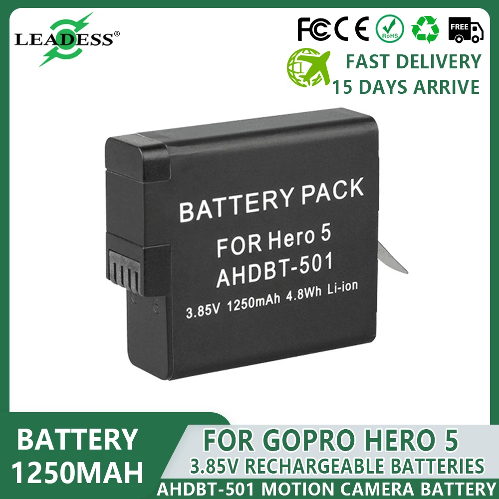 For Gopro Hero 5 6 7 Battery 1250mAh Rechargeable Battery Motion Camera Batteries Ahdbt-501 Full Decode Compatible Accessories