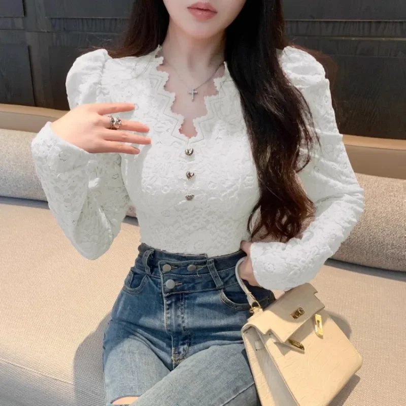 Ezgaga Fashion Shirts Women Puff Loong Sleeve V Neck Autumn Winter Slim Lace Patchwork Crop Tops Female Sexy Elegant Blouse