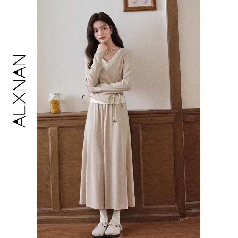 ALXNAN حجم كبير تنورة دقيق الشوفان عادية طويلة مرونة الخصر ألف خط التنانير 2025 الخريف أنيقة فضفاضة تناسب مكتب سيدة الملابس D12729