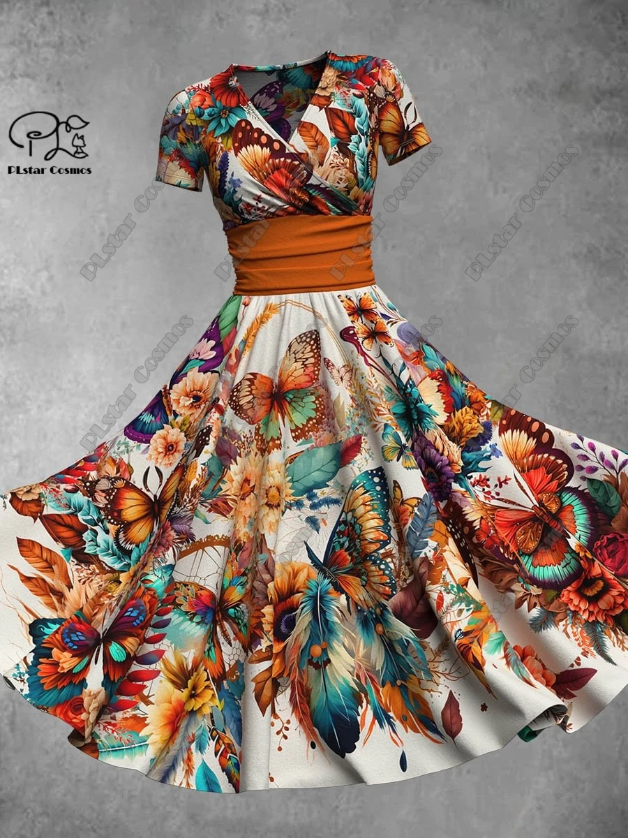 Robe trapèze longue à manches courtes et col en V, imprimé floral et papillon, série Leon, impression 3D, décontracté, nouveau