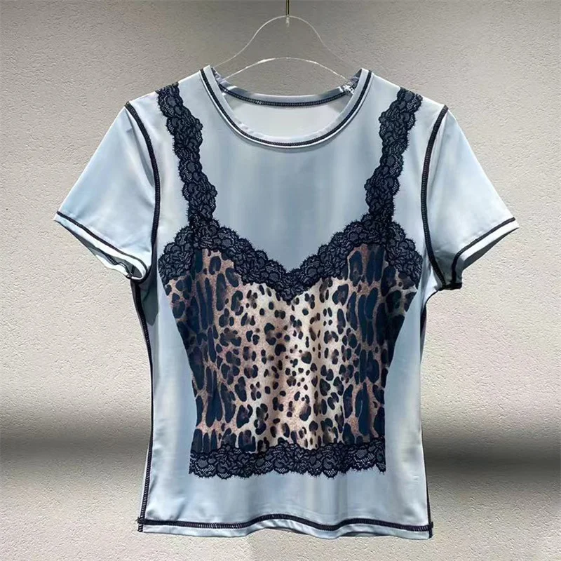

Women's t-shirt New leopard print fake two short sleeved top for summer 2025 Elastic slim round neck pullover Women's corset