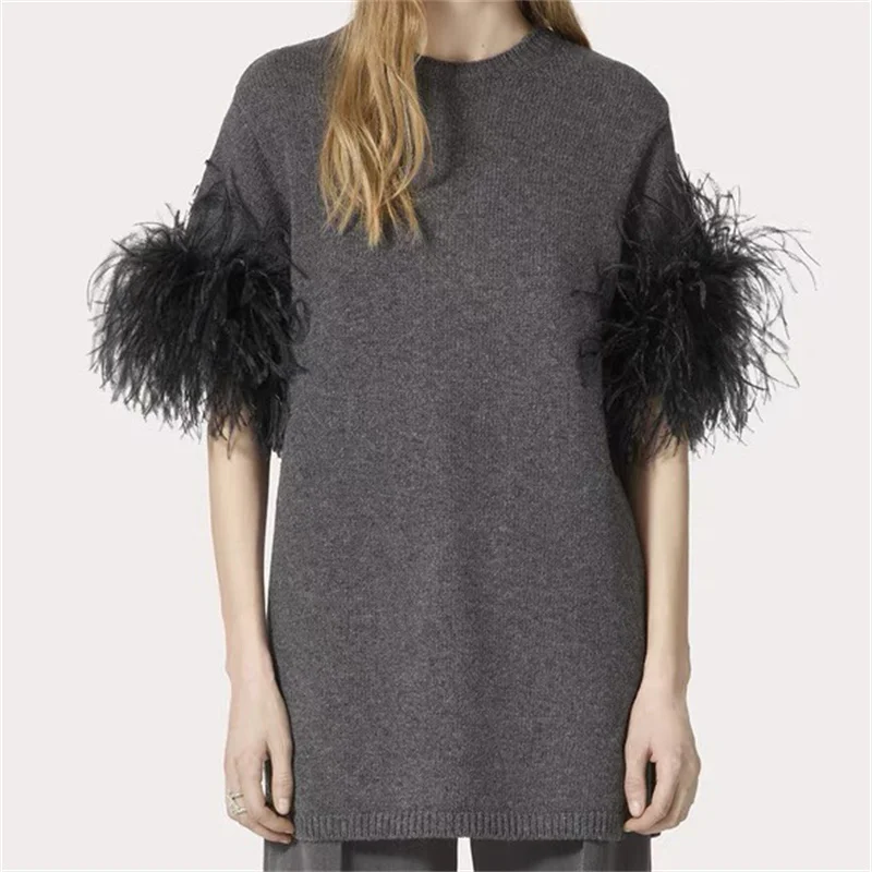 

Women's sweater 2024 Autumn New Fashion Feather Decorative Short Sleeve Top 100% wool round neck pullover y2k clothes knitwear