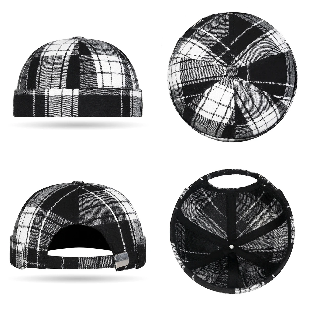 

Round Top Beanies Hat Large Checkered Melon Skin Tang Hat Breathable Docker Cap Adjustable Brimless Caps Plaid Landlord Hat