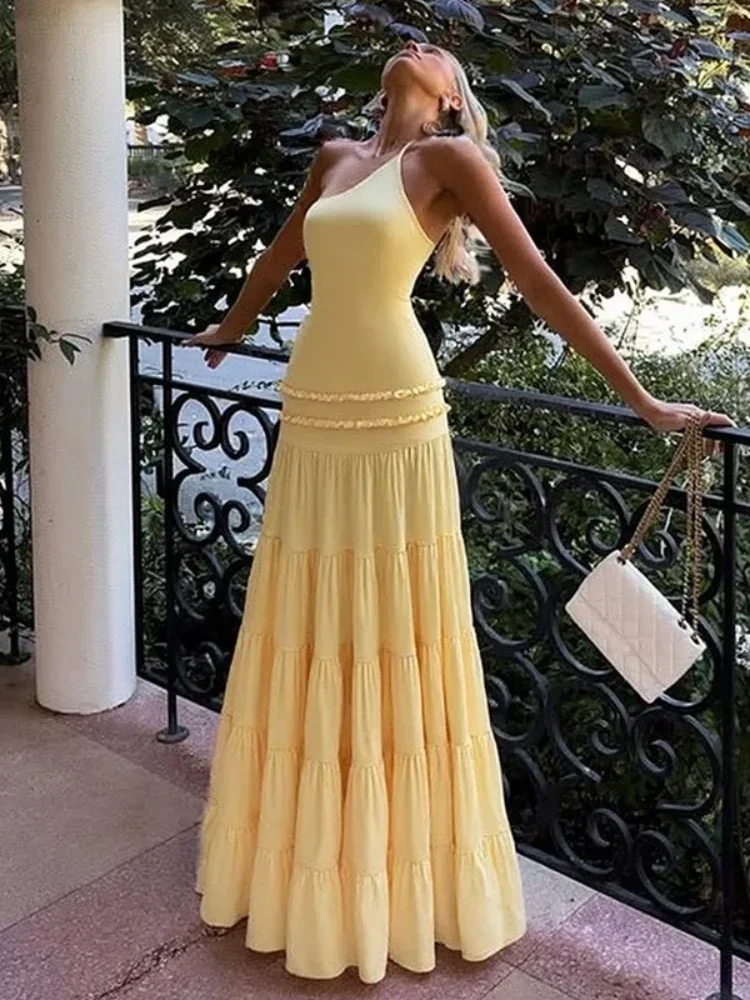 

Yellow Backless One Shoulder Dress Women Sexy Sleeveless One Shoulder Patchwork Pleated Maxi Gown 2026 Lady Holiday Party Robe