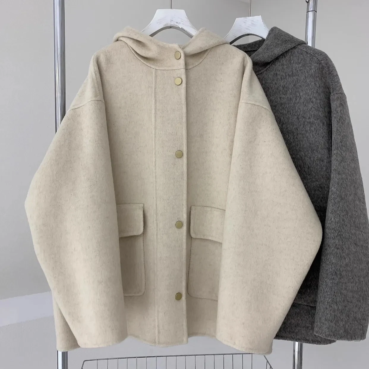 

plus Size Women's Faionable Double-Faced Woolen Coat with Hood Thiened Loose Cowl Ne Outerwear for Winter Trendy Sle