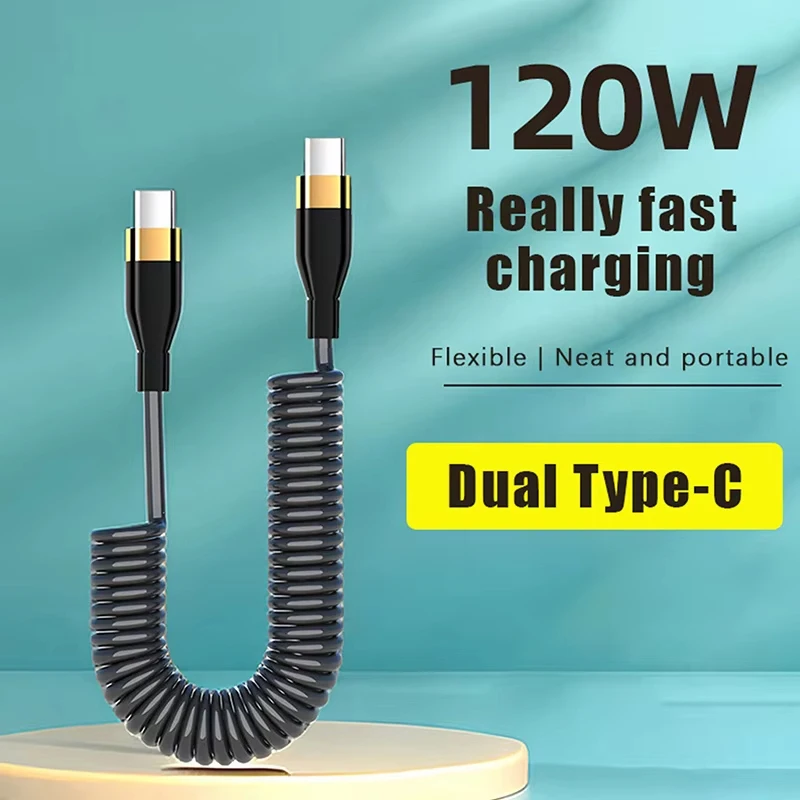 USB Type C PD 120W Car 5A Fast Charging Type C to Type C Spring Telescopic Cable For iPhone 15 Serie Samsung Huawei Xiaomi Redmi
