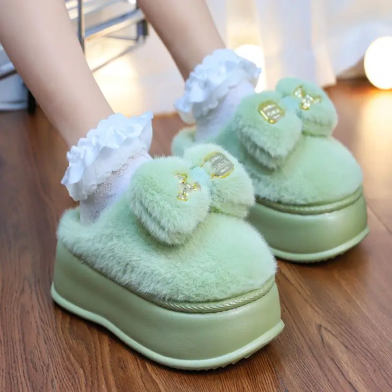 

Woman slippers indoor new metal bow fluffy shoes ladies green pink fur slides non-slip eva bottom Women's home slippers